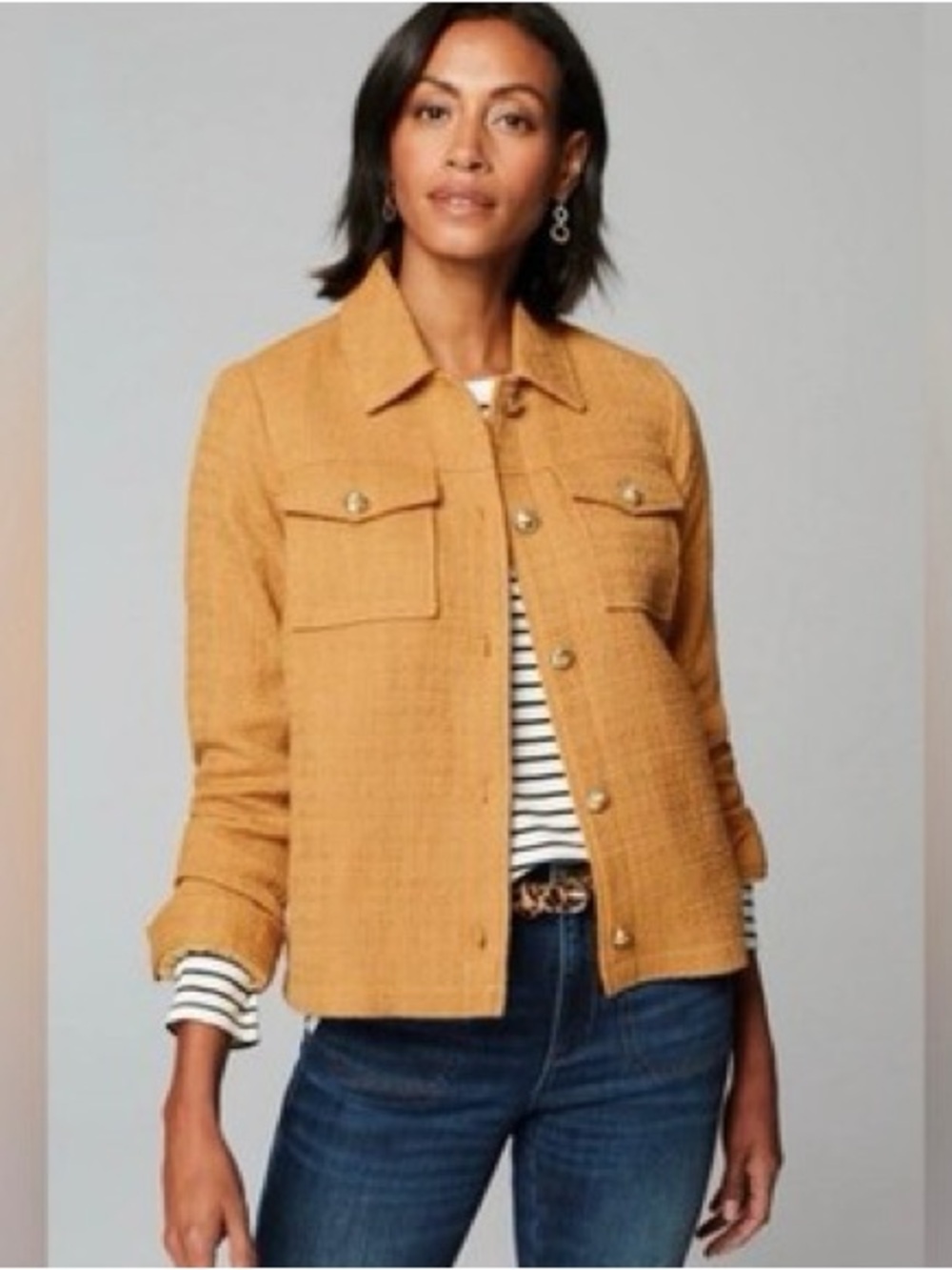 J. Jill Mustard Tweed Jacket Gold Crest Button Blazer Quiet Luxury Size Small P